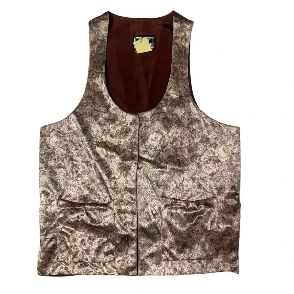 Vtg Floral Fairy Vest Women's Small Flower Brown Tan Purple Velvet 90s Tie Back